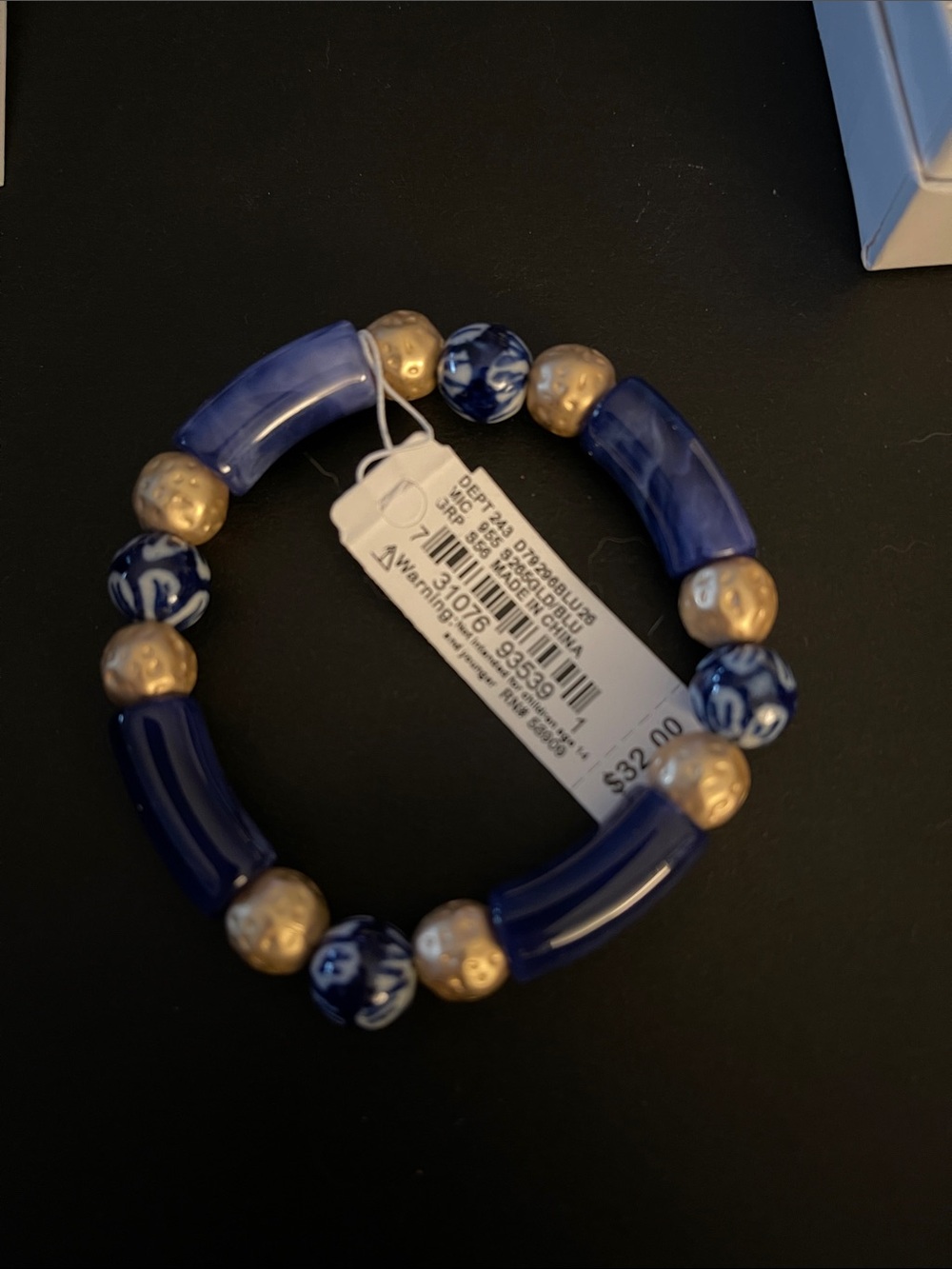 Blue and Gold Chinoiserie Beaded Stretch Bracelet - Elegant Women's Jewelry